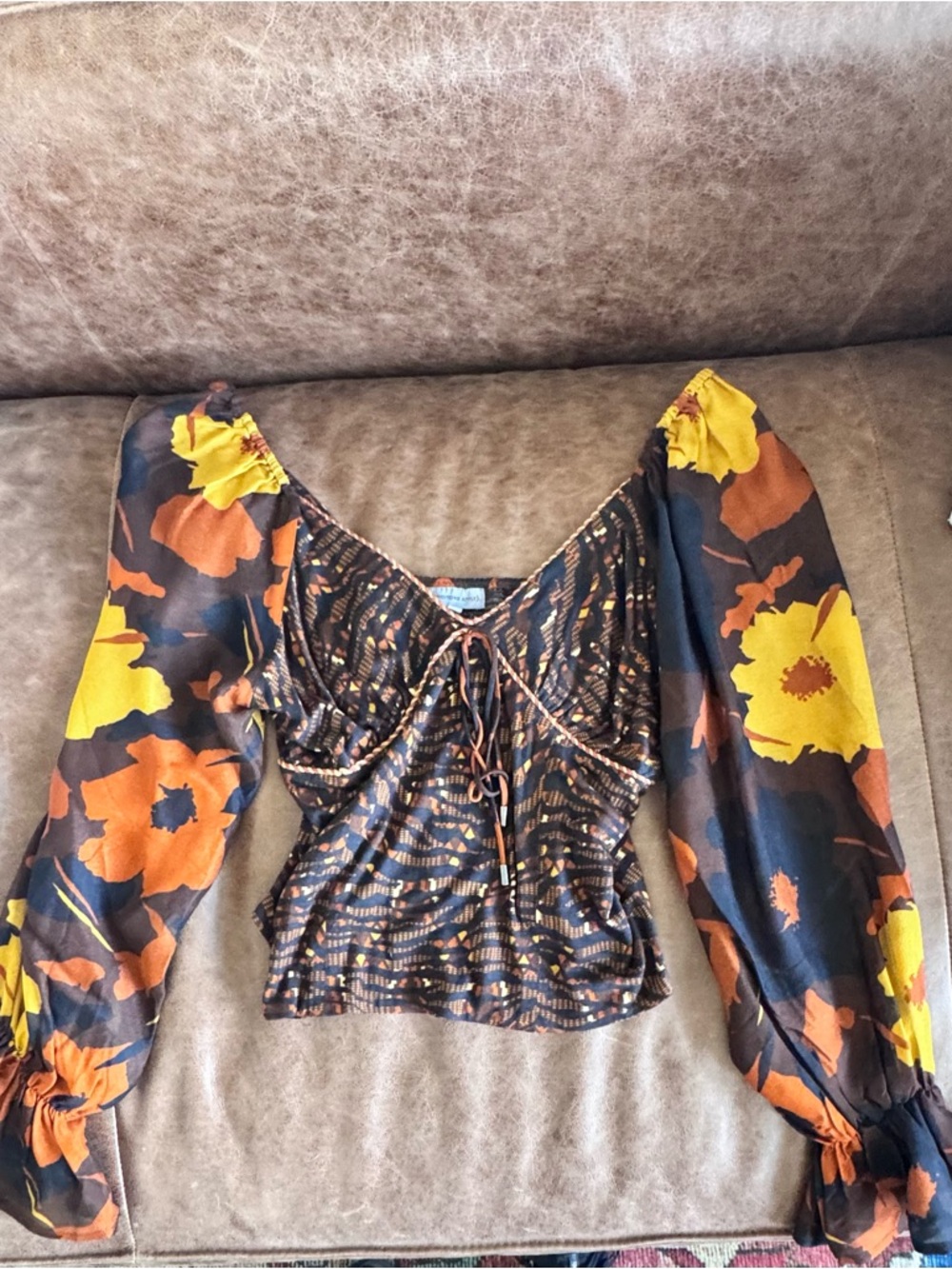 Floral Puff-Sleeve Tie-Front Women's Top - Brown & Yellow